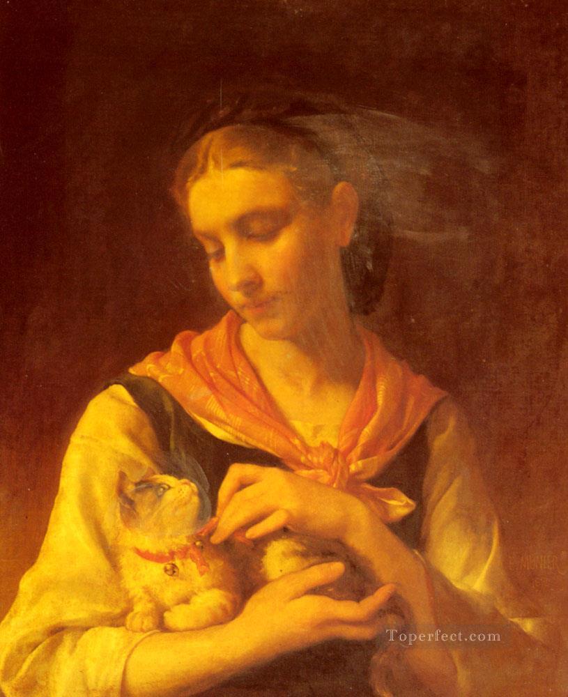 The Favorite Kitten Academic realism girl Emile Munier Oil Paintings